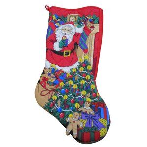 Quilted Christmas Stocking With Santa & Gingerbread Man 3D Accent Toe GUC